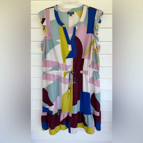 Modcloth As You Love It Blue and Yellow Abstract Ruffled Sleeve Dress Size 2X - Picture 2 of 5